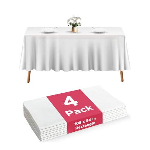 Prestee 4 Pack Plastic Table Cloth Disposable - 108" x 54" White Table Cloth Rectangle Table Cover - Heavy-Duty Waterproof Disposable Tablecloths for Weddings, Parties, BBQs, and Outdoor Dining Events