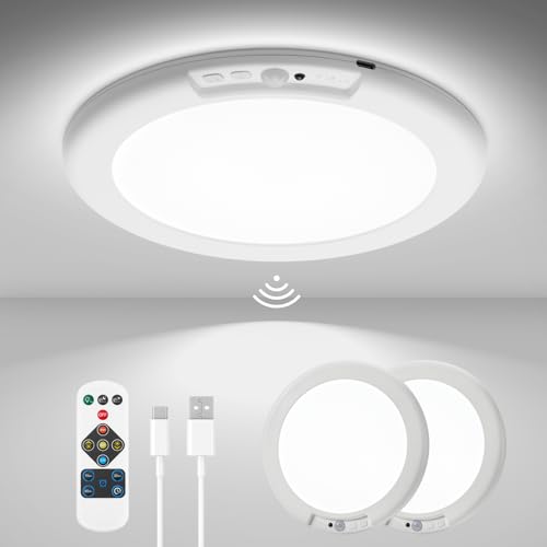Rechargeable Ceiling Lights with Motion Sensor - 2 Pack, Color Changing, Remote Control, Ultra-Thin