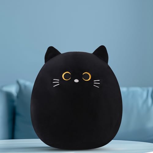 SQEQE Cat Plush Pillow Kawaii Cat Stuffed Animal Fluffy Plushies Doll Toy Soft Animal Shape Design Stuffed Animals Gifts for Kids(Black, 14 inch)