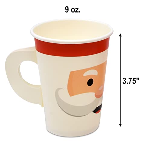 50 Pack Christmas Santa Face Paper Cups 9oz with Handles for Holiday Parties