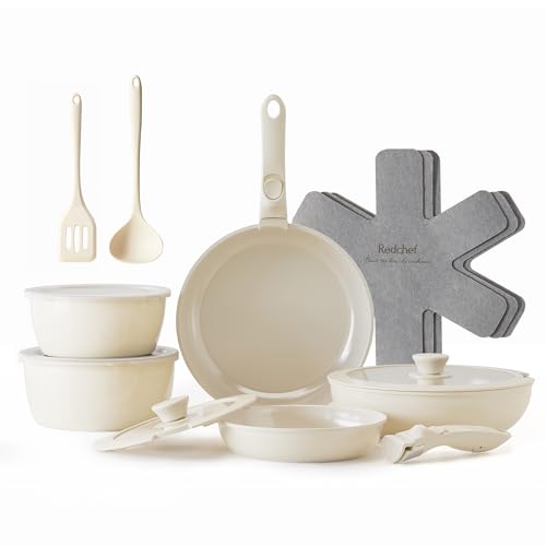 Redchef 16pcs Beige Ceramic Pots and Pans Set with Detachable Handles – Space-Saving Nonstick Cookware