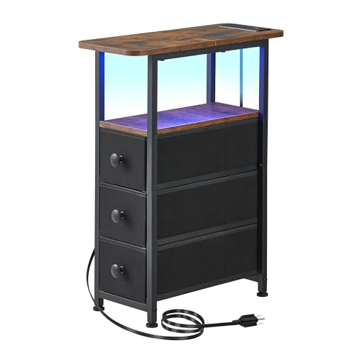 7.9 W x 18.9 D Narrow End Table with Charging Station & LED Light - Rustic Brown
