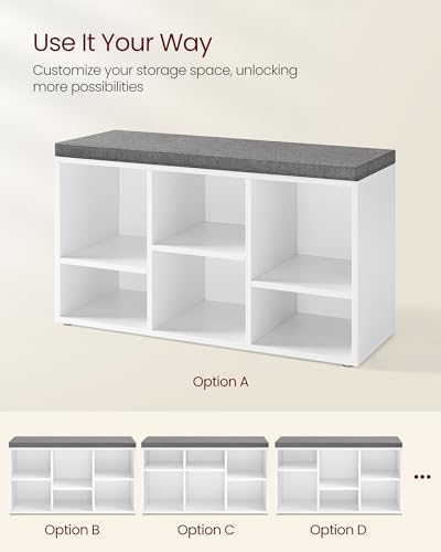 VASAGLE White Shoe Bench with Cushion, 6 Compartments & 3 Adjustable Shelves