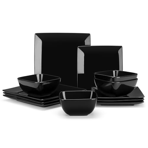 Vancasso Soho 12-Piece Black Square Dinnerware Set for 4 - Modern Stoneware Plates & Bowls