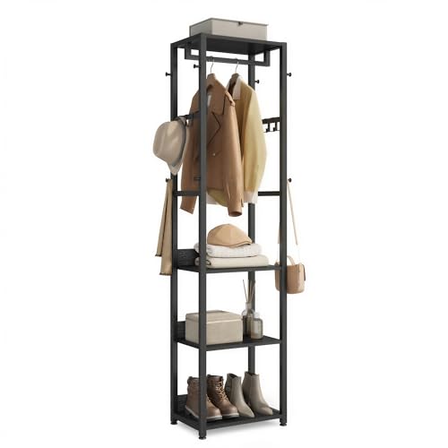 VASAGLE Freestanding Coat Rack Industrial Black & Charcoal Gray Hall Tree with Shelves