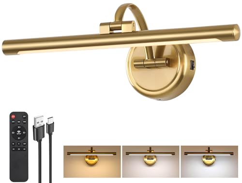 Brass Wall Picture Light 15.7 Inch - Wireless Dimmable Art Spotlight with Remote
