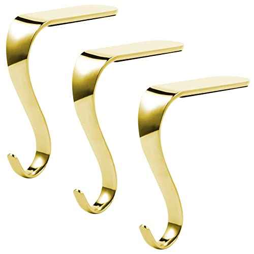Sunshane 3 Pieces Christmas Stocking Holders Mantel Hanger Hooks Xmas Mantle Grips Set Safety Hang Stocking Clips for Christmas Party Decoration, Gold