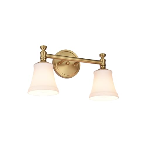 Aged Brass 2-Light Bathroom Vanity Wall Sconce with Opal Glass Shade - Traditional Hanaloa Fixture