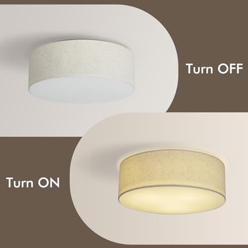 Calokes 18-Inch Large Flush Mount Ceiling Light Fixture with Fabric Shade - Beige, Modern Drum Design for Living Room, Bedroom, Kitchen