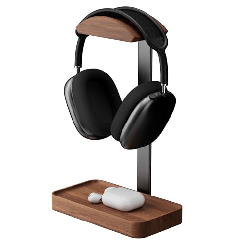 Walnut Wood Headphone Stand with Storage Base - Premium Solid Construction