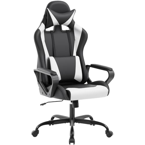 FDW White Gaming Chair with Lumbar Support & Headrest - Ergonomic PU Leather Desk Seat