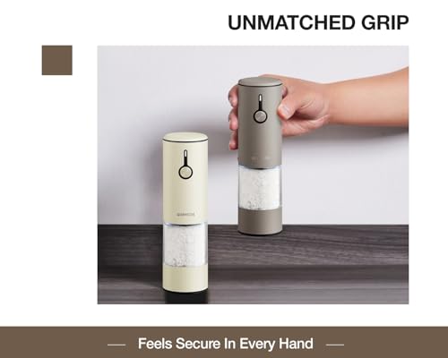 GORMODE 2-Pack Rechargeable LED Salt & Pepper Grinders, Adjustable Coarseness, One-Hand Operation, USB Charging, Dust Cover, Greige & Buttercream