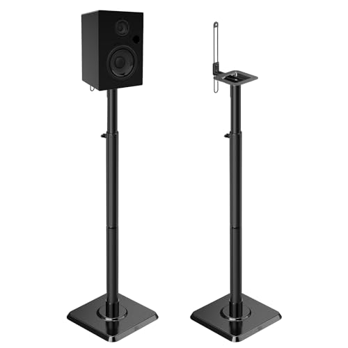 Height Adjustable Speaker Stands for Bookshelf Speakers - 9.4" W x 18" H, Black, Compatible with Most Brands
