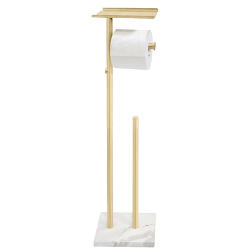 Brushed Gold Toilet Paper Holder with Shelf and 2 Dispensers - Marble Base, Free Standing Bathroom Organizer