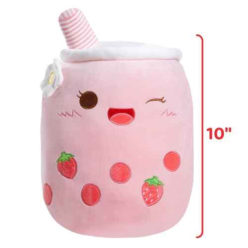 Athoinsu Light Up Strawberry Boba Tea Soft Plush Pillow 10'' Kawaii Milky Tea Stuffed Bubble Animal Toy with LED Lights Birthday Christmas Holiday Valentines Gifts for Kids,Girls,Boys