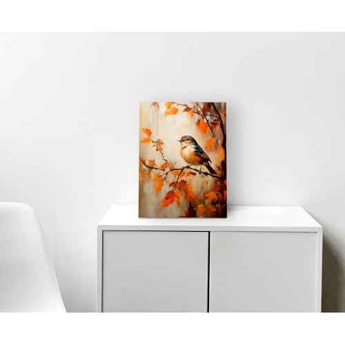 WODMIS Fall Bird Book Wall Decorations Framed Canvas Art, Rustic Autumn Maple Leaf Wall Decoration, Thanksgiving Harvest Decor Canvas Home Decorations for Living Room Kitchen Home Wall Decor 11x14