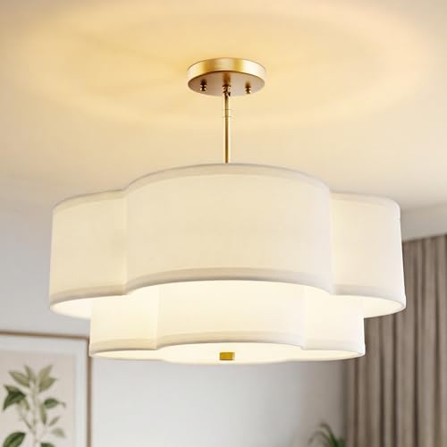 18-Inch Gold Pendant Light with White Fabric Shade - Dual Layer Quatrefoil Design, Adjustable Height