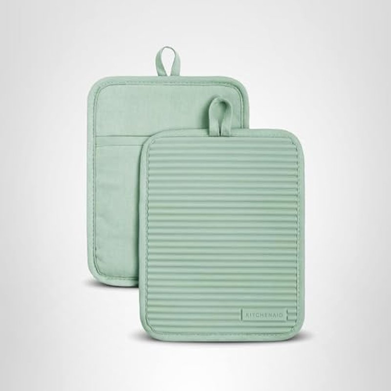 KitchenAid Ribbed Soft Silicone Pot Holder 2-Pack Set, Pistachio Green, 7"x9"