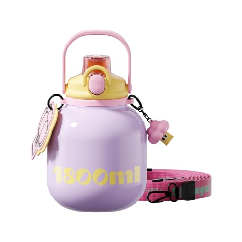 60 oz Insulated Water Bottle with Straw - Purple, Leak-Proof, Double Wall Vacuum