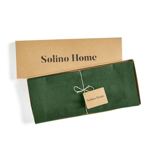 Solino Home 100% Linen Table Runner 14 x 120 Inches Pine Green - Handmade European Flax