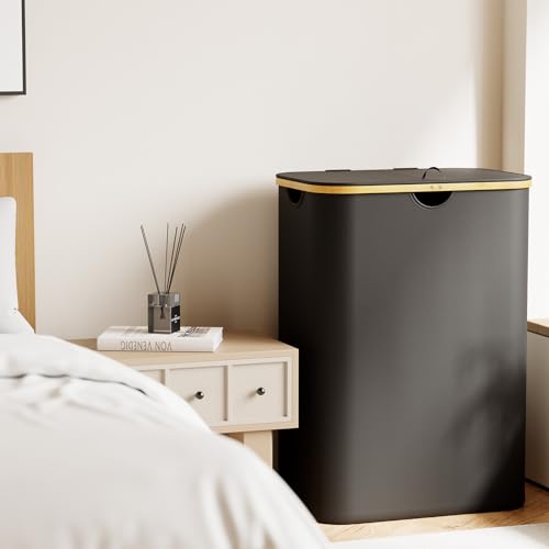 SpaceAid Double Laundry Hamper 2 Section with Lid - 160L Black Collapsible Basket with Bamboo Handles