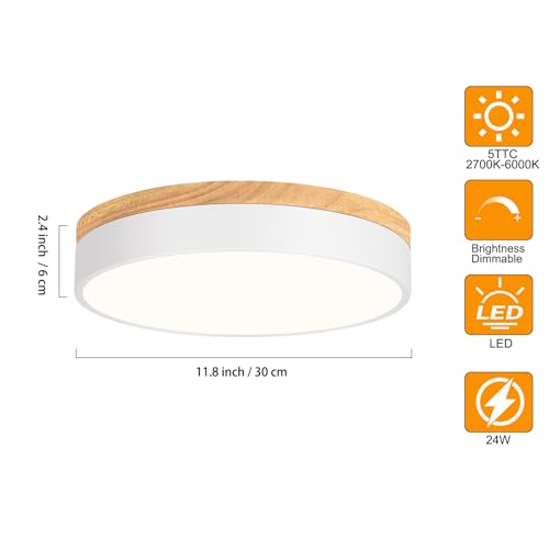 Yiisem Dimmable 11.8-inch Wood LED Flush Mount Ceiling Light - White, Adjustable Color & Brightness