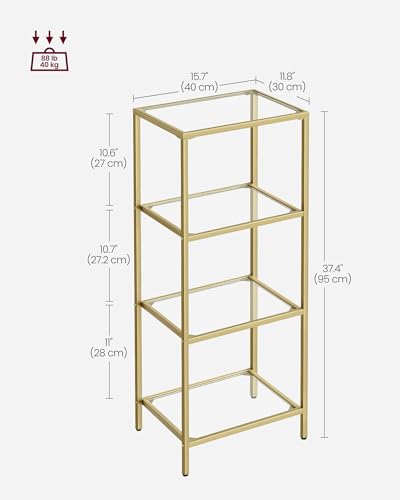 VASAGLE Gold 4-Tier Glass & Steel Bookshelf, Modern Narrow Bookcase