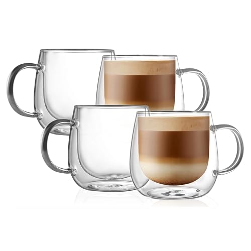 CNGLASS 16oz Double Walled Glass Coffee Mugs 4-Pack - Clear Insulated Latte Cups