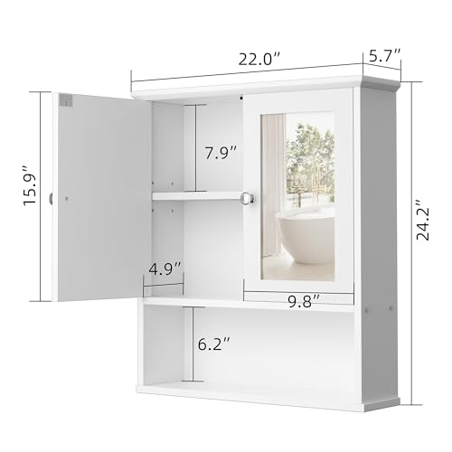 Shintenchi White Bathroom Medicine Cabinet with Mirror, Wall Mount, Adjustable Shelves