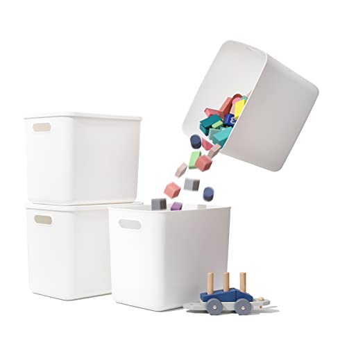 4L Plastic Storage Baskets with Lids - White Organizing Containers for Shelves, Drawers, Playroom, Office - 4 Pack