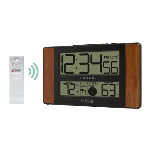 La Crosse Technology Atomic Digital Clock 6.61 x 11.1 inches Cherry Finish with Wireless Temperature Sensor - Brown/Black Variation