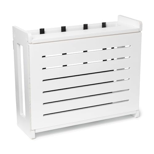 White WiFi Router Storage Cabinet with Wire Organizer and Leveling Hardware