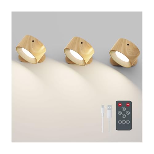 Rechargeable LED Wall Sconce with Remote - Wood Grain, 3 Brightness Levels, 360° Swivel - Wood-C