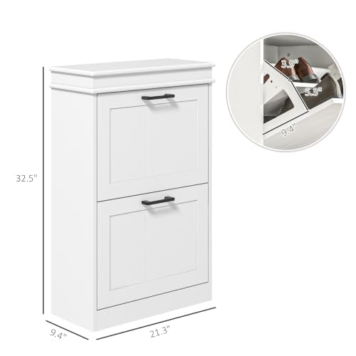 HOMCOM Narrow White Shoe Cabinet with 2 Flip Drawers - Entryway Storage