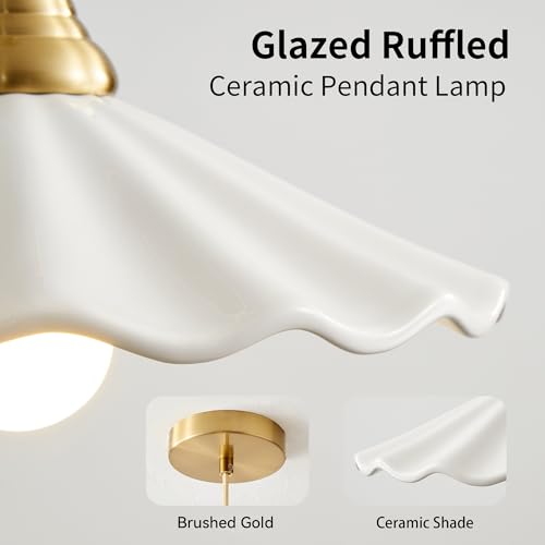 White Scalloped Ceramic Pendant Light, Vintage Kitchen Island Light