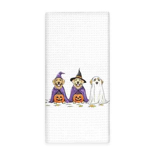 Fall Ghost Pumpkin Halloween Kitchen Towels, Ghost Golden Retriever Gifts Decor Dish Towel for Kitchen, Fall Halloween Decor, Spooky Dogs Hand Towels for Bathroom Decorations 16x24 Inch