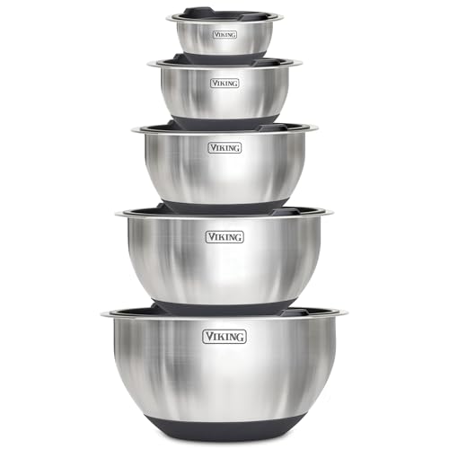 Viking 10-Piece Stainless Steel Mixing Bowls Set with Non-Slip Silicone Base - Black