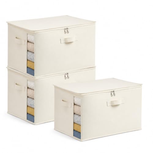 TomVista 3-Pack Beige Cotton Canvas Storage Bags 70L with Clear Window - Space-Saving Closet Organizer