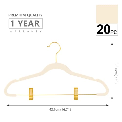 Ivory/Gold Velvet Pants Hangers Pack of 20 - Adjustable Clips, Non-Slip Slim Skirt Hangers