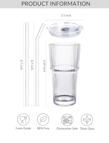 MINGHYZYA 20 OZ Iced Coffee Cup With Glass Lids and Straws,High Borosilicate Glass Tumbler Cup Reusable Wide Mouth Smoothie Cups(Clear,1cup)…