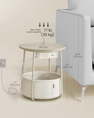 VASAGLE Cream White Round End Table with Charging Station & Fabric Basket