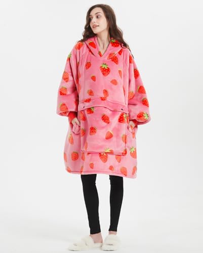 KFUBUO Wearable Blanket Hoodie for Adults with Pocket & Strawberry Print - Printing Strawberry Variant