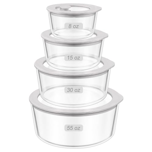 Glass Food Storage Containers with Grey Silicone Lids - Large 4 Pack, Microwave & Dishwasher Safe, Leak-Proof Meal Prep Set - Round