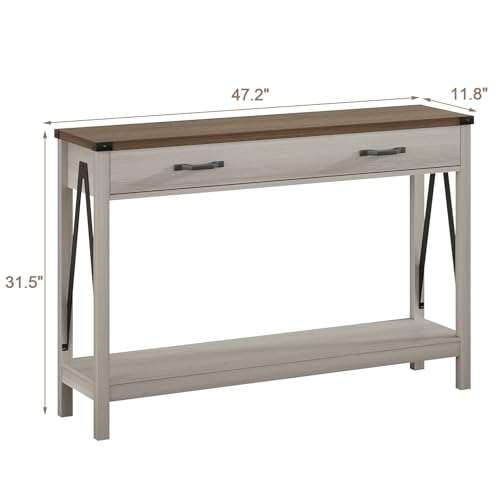 ChooChoo 47 Inch Farmhouse Console Table with Drawer & Storage Shelf - White & Brown
