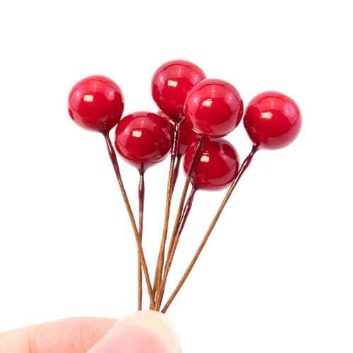 Quacc 100pcs Red Artificial Holly Berries Lovely 0.4" Fake Berries on Wire Realistic for Christmas Tree Garland Flower Wreath Decorations Wreath DIY Craft Use