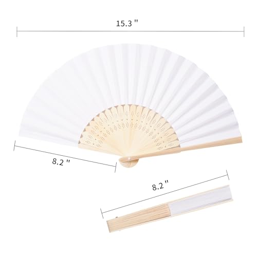 50pcs White Paper Hand Fans with Bamboo Frames for Weddings Parties & Decor