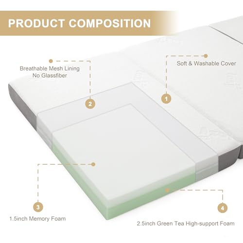 Lazyzizi Single 4-Inch Memory Foam Tri-Fold Folding Mattress with Breathable Bamboo Cover