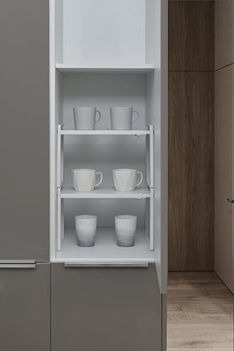 Expandable Cabinet Shelf Riser - White, 12 Inches, Adjustable Width 13.4-24.5 Inches