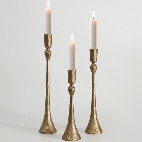 Vintage Cast Iron Taper Candle Holder Set - Antique Brass, 3 Sizes