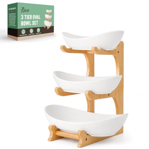 3-Tier Fruit Bowl with Bamboo Stand - Ceramic Serving Basket for Kitchen Counter Storage